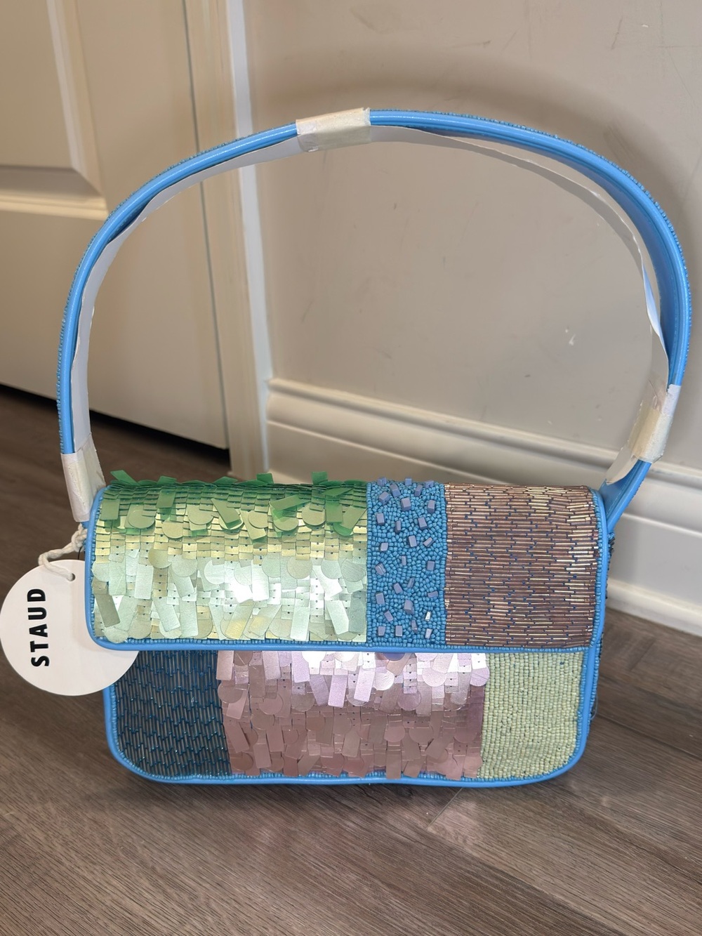 STAUD Tommy Beaded Patchwork Sherbert Pastel Shoulder Bag Handbag